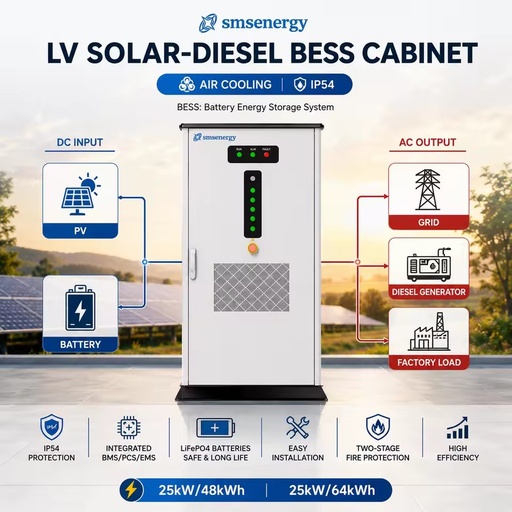 SMS EnergyAll One LiFePO4 Solar Storage System 25kW 48kWh 64kWh Battery Cabinet Hybrid PV Grid Diesel Generator Air Cooling