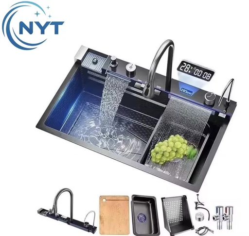 2026 New Design 304 Stainless Steel Single Bowl Nano Black Smart Waterfall Undermount Multifunctional Kitchen Sink