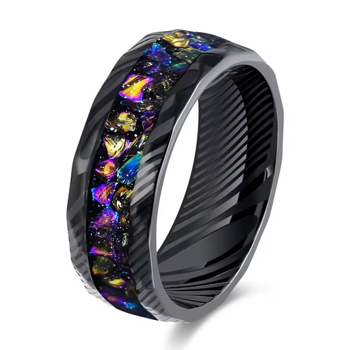 8mm Black Damascus Stainless Steel Ring with Sandstone Chunky Galaxy Stone Inlay for Men and Women's Wedding Engagement