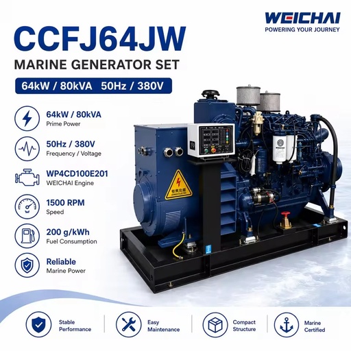 SCDC64JW 64kW Fresh Water Cooling 24V Electric Star Marine Diesel Generator Set Powered by SCDC WP4CD100E201 for Fishing Vessel