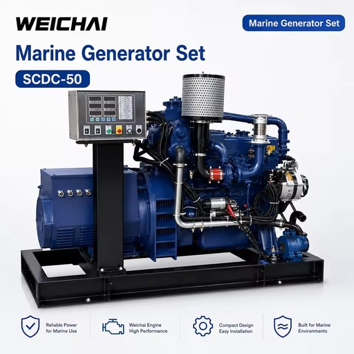 SCDC-50 Weichai WP4 Seawater Cooling Electric Start 4 Stroke 50kW 62.5kVA 1500rpm Marine Diesel Generator Set for Patrol Vessel