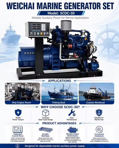 SCDC-30 Weichai WP2.3 Series 30kW 37.5kVA 50Hz 1500rpm Electric Start Marine Generator Set for Inland Waterway Vessel and Ship