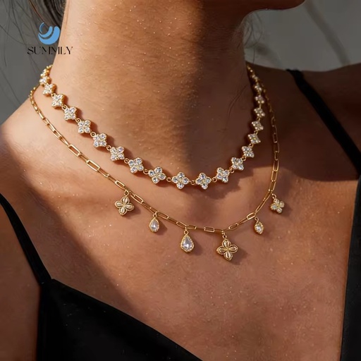 SUMMLY Vintage Four Leaf Clover Inlaid Zircon 18K Gold Plated Stainless Steel Pendant Necklace for Women Fashion Jewelry