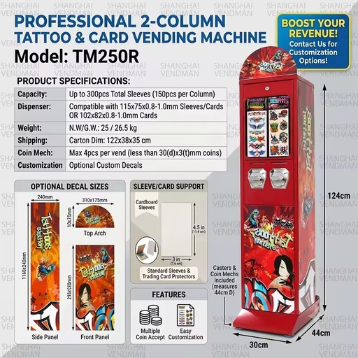 Commercial Automatic Sticker Vending Machine 2 Columns Coin Operated Card Dispenser Machine for Tattoo & Trading Cards Business