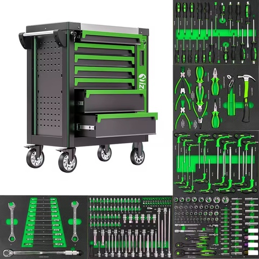 258 Pcs Heavy Duty Stainless Steel Tool Sets 7 Drawers Rolling Box Tool Cabinet Cart Trolley for Storage and Workshop Use