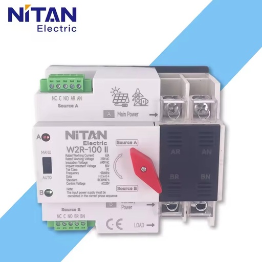 Nitan W2R 2P 100A 63A Automatic Transfer Switch Millisecond Switching Dual Power ATS for Home Solar System Generator Backup