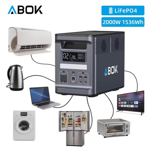 ABOK Emergency Power Station 2000W 1536Wh LiFePO4 Solar Generator Portable Backup Power UPS Battery Backup For Home