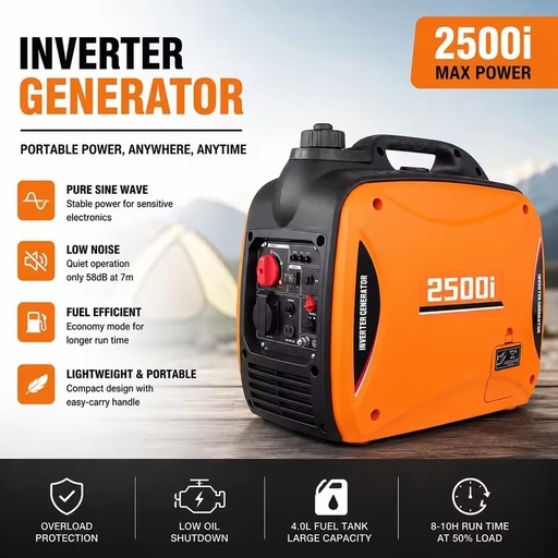 2200W 2.5KW Portable Silent Inverter Generator Pure Sine Wave Gasoline Generator Fuel Efficient Low Noise for Camping Home