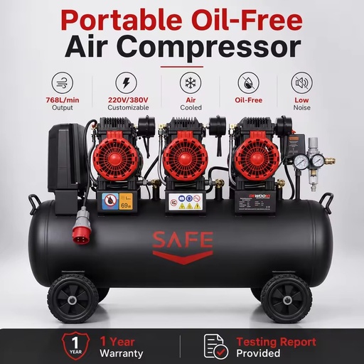 Portable Oil Free Piston Air Compressor 100L 768L/min Low Noise AC Power 220V 380V for Workshop Industrial Pneumatic Tools