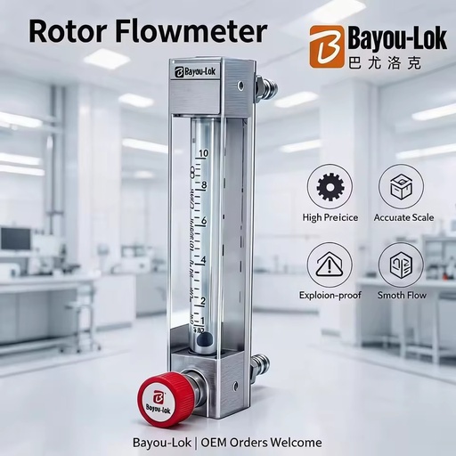 Stainless Steel Glass Tube Rotameter, 5-50ml/min Adjustable Oxygen Gas Flow Meter with Needle Valve Fitting