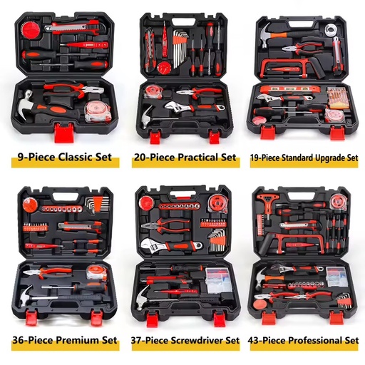 Professional Hardware Tool Set Claw Hammer Pliers Level Tool Carbon Steel Heavy Duty Home Repair Kit Hard Case for Maintenance