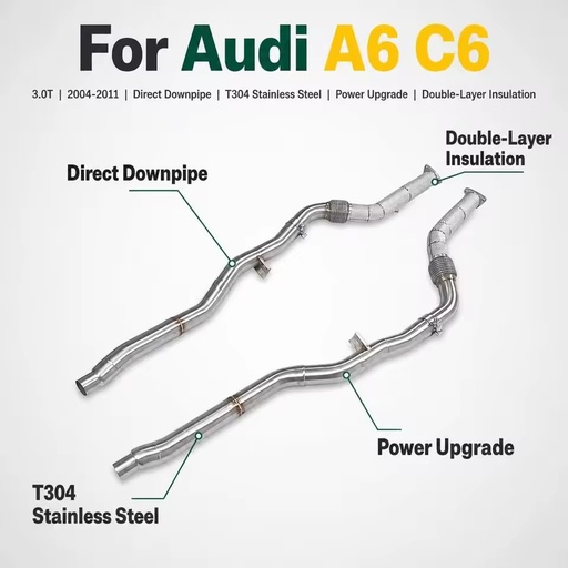 High-quality 304 Stainless Steel Downpipe Exhaust Head for Audi A6 C6 3.0T 2004-2011 Insulation Performance Racing Power Upgrade