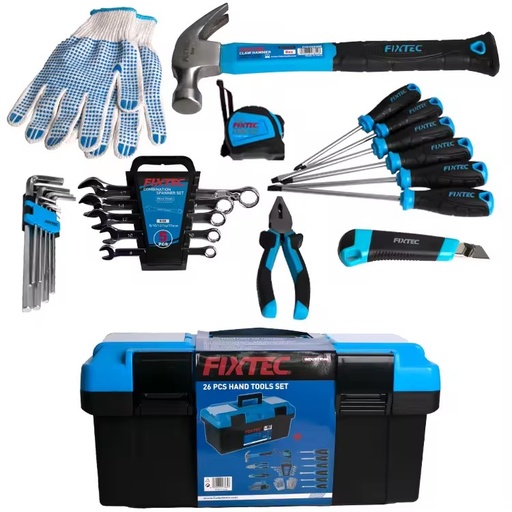 FIXTEC 26pcs Hand Tools Set Workshop Home Hardware Tools with Heavy Duty Plastic Tool Box 17"