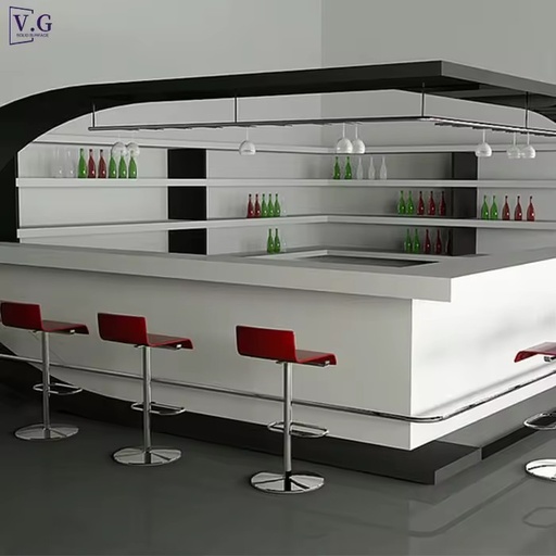 Customized Modern L-shaped Bar Counter with Solid Surface Stone for Home Bar Basement Mall & Living Room Use Includes Wine Shelf