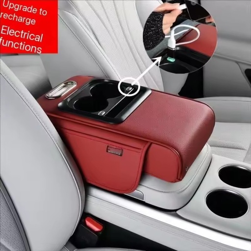 New 4 in 1 Car Armrest Storage Box with Charging Leather Waterproof Red Central Console Armrest Cover Pad Cushion