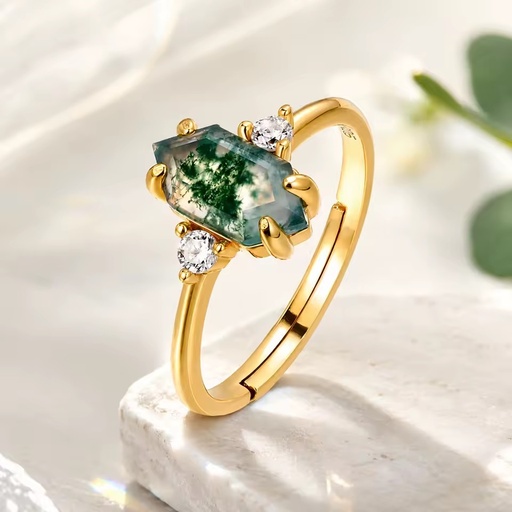 Wholesale 925 Silver Jewelry Retro Gemstone Ring Gold Plated Hexagon Shape Natural Green Moss Agate Round CZ Statement Ring