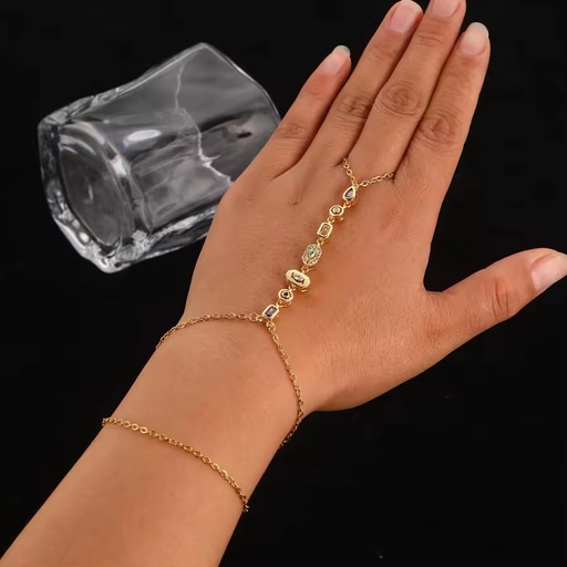 Fashion Gold Plated Stainless Steel Hand Chain Bracelet for Women Waterproof Tarnish Free Geometric Crystal Finger Ring Bracelet