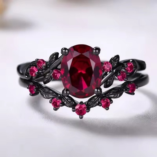 ZhuQian Wholesale 2Pcs/sets Rose Red Cut Oval Zirconia Rings Sets for Women Flower Branch Gun Black Tone Dark Gothic Jewelry