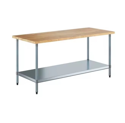Stainless Steel Wooden Prep Workbench Work Table Wood Top for Butcher Shop Noodle House Hotel Canteen Dough Processing
