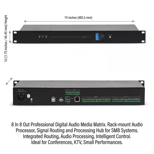 8*8 Dante Network Audio Processor 1U Rack Mount Conference Room Dante Digital Sound Processor 48V Phantom Power
