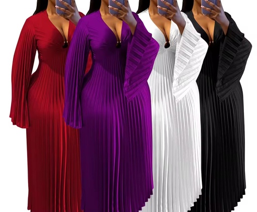 Women's Elegant Plus Size Evening Dress Sexy Deep V Neck Accordion Pleated Flare Sleeve Slim Fit Maxi Dresses for Ladies