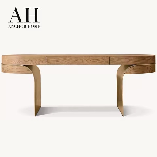 Elegant Mid-Century Light Oak 3-Drawer Console Desk with Gold Metal Wave Legs Rounded Ends for Living Room Hallway OEM Custom