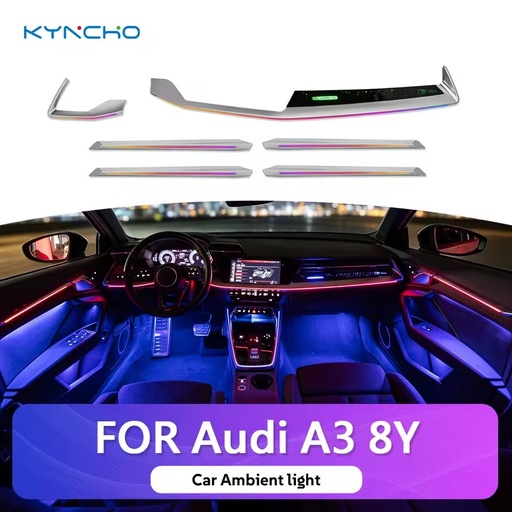 KYNCHO for Audi A3 8Y 2021-2025 RGB Car Ambient Light 64 Color Symphony LED Auto Interior Lighting Screen and APP Control