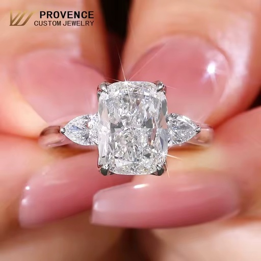 Real solid 18K white gold ring 1-10carat Three stone custom ring Cushion Cut CVD diamond ring Trendy women engagement