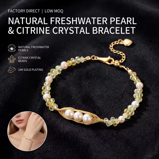 Freshwater Pearl Charm Bracelet 14K Gold Plated Natural Crystal Bohemian Elegant Adjustable for Summer Resort Wholesale Custom