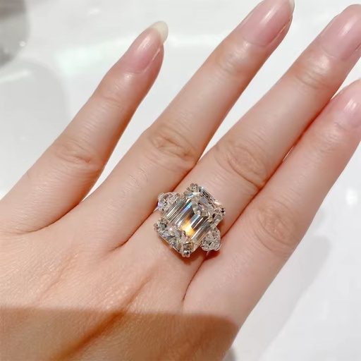 12 Karat Large Diamond Fine Jewelry Ring Women's Europe and America Style S925 Silver Pagoda Cutting Party Flat Ring