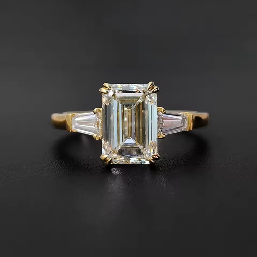 Emerald Cut Lab Diamond Claw Setting Classic 14K Solid Gold Three Stone Ring