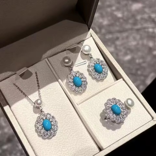 Vintage Exquisite Versatile Fashionable Shining Rhinestone Turquoise Women's Earrings Necklace Ring Set Popular Wholesale