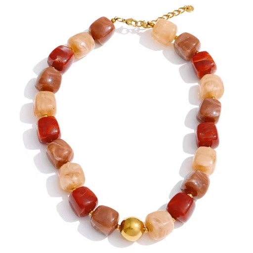 XY 8175 18K Gold Plated Stainless Steel Multicolor Marble Pattern Acrylic Bead Necklace Bracelet Jewelry Set