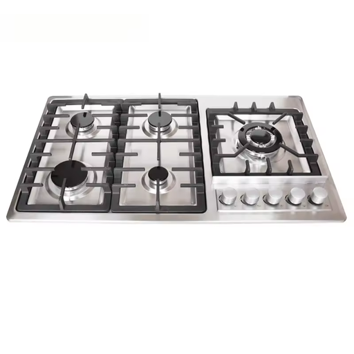 Stainless Steel Five Burner Gas Stove with Tempered Glass Surface LPG Compatible Central Island Design for Modern Kitchens