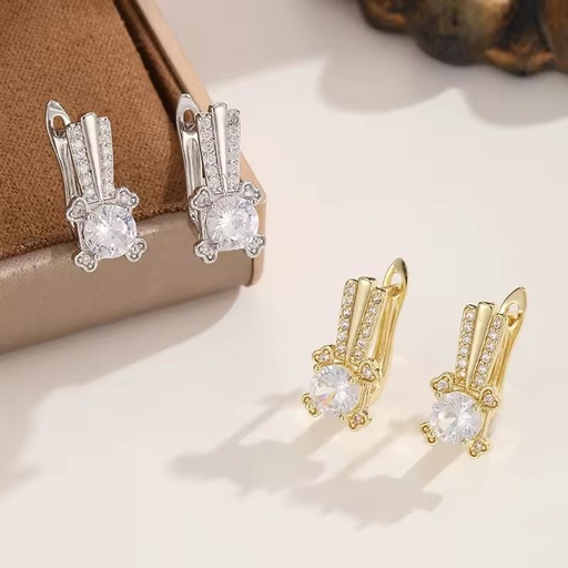 Fashion Two-Tone ClipOn Earring Pair, Central Round Zircon with Side Pave Zircon Bars, Comfortable Fit, Minimalist and Luxurious