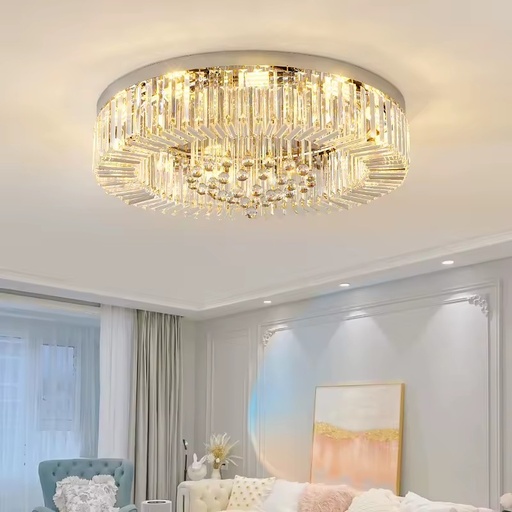 2026 New Modern Luxury Crystal LED Iron Base AC Flush Mount Ceiling Light Round Chandelier for Living Room Bedroom Dining Room