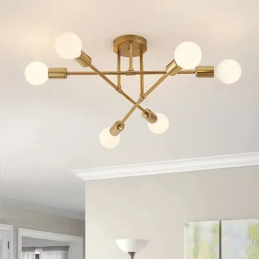 Modern Nordic 6-Light Sputnik LED AC Gold Metal Semi-Flush Mount Sensor Control High CRI 95 3500K Warm White Ceiling Chandelier