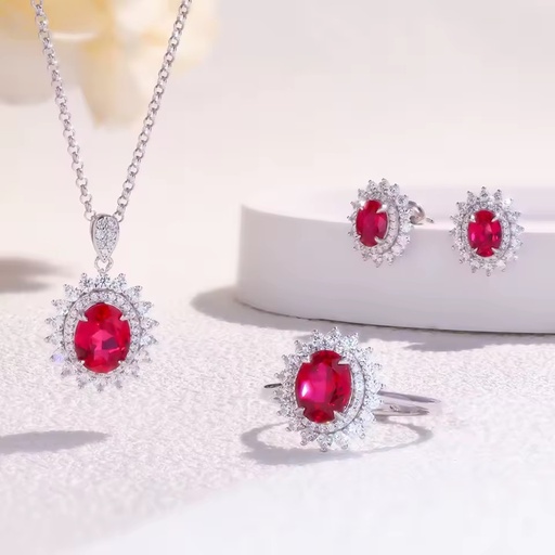 Wholesale 925 Sterling Silver Oval Lab Grown Ruby Halo Jewelry Set Sunburst Pave Ring Earring Necklace Women Fine Jewelry Stock