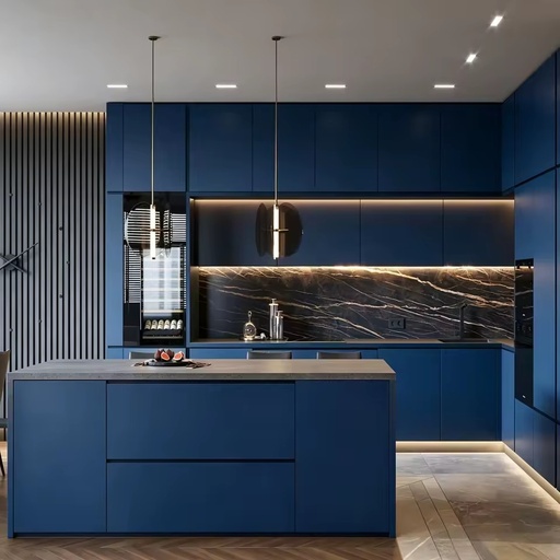 Minimalist Matte Navy Blue Wood Kitchen Cabinets Custom Luxury Home Storage Furniture with Central Island