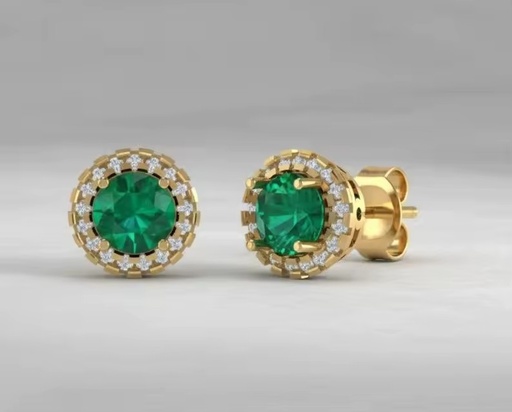 14KT Gold Natural Emerald and Natural Diamond Halo Luxury Stud Earrings for Wedding Anniversary & Gift