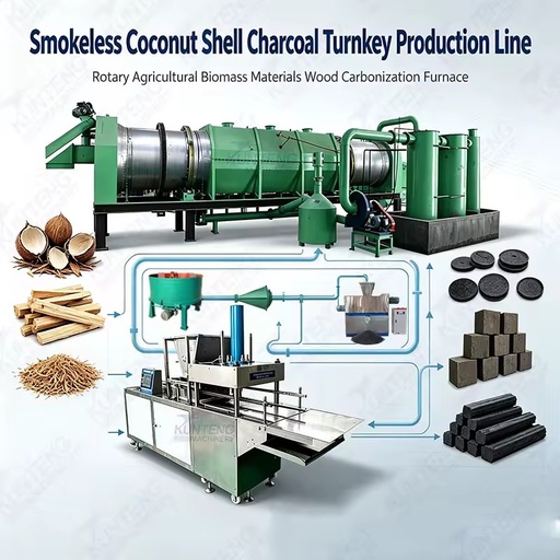Smokeless Coconut Shell Charcoal Turnkey Production Line Rotary Agricultural Biomass Materials Wood Carbonization Furnace