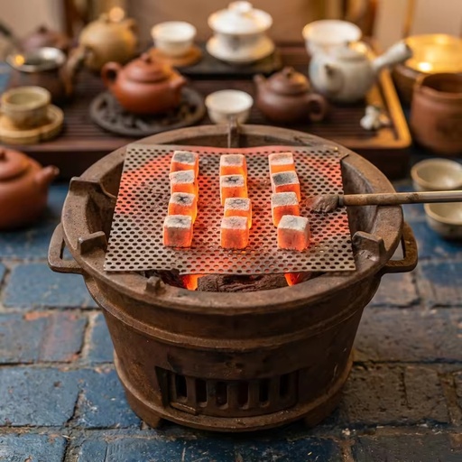 Using coconut shell charcoal, Indonesian producers shape these briquettes into cubes.
