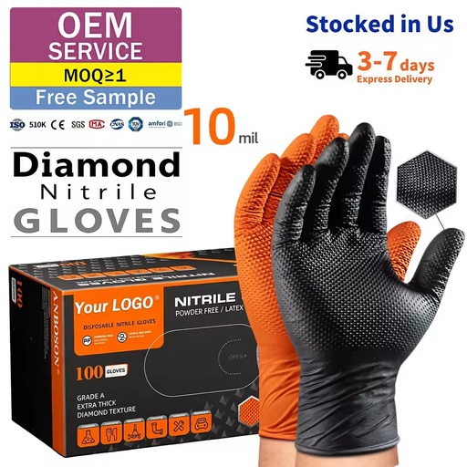 Heavy Duty 8mil 10mil Black Nitrile Gloves Diamond Texture Oilfield Drilling Petrochemical Guantes De Nitrilo Rig PPE