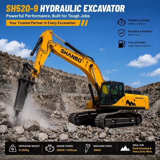 SH520 52Ton Mining Excavator Extreme Duty Crawler Excavator High Yield Quarry