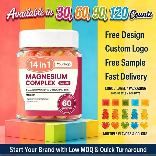 Private Label 14 in 1 Magnesium Complex Gummies with D3 Ashwagandha L Theanine Zinc Relaxation Sleep Muscle Support OEM Formul