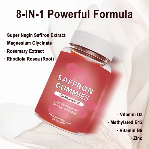 Saffron Gummies Magnesium Gummies Natural Vegan Vitamin Gummies for Calm and Focus Support