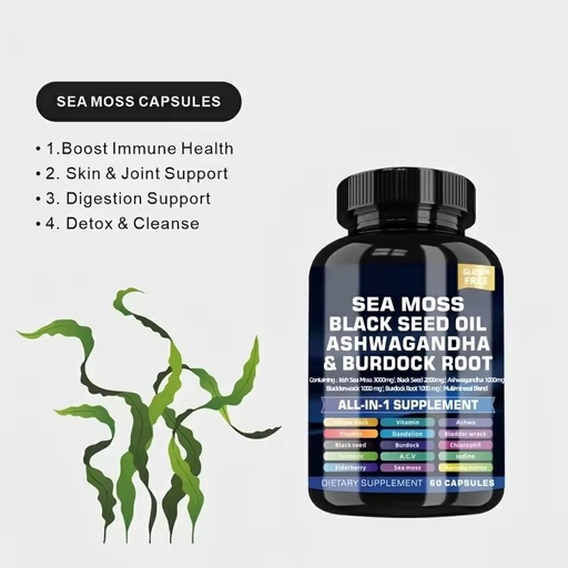 HDK OEM ODM Sea Moss Capsules 92 Minerals Irish Sea Moss Supplement for Immune Thyroid Digestive Health Private Label Capsule