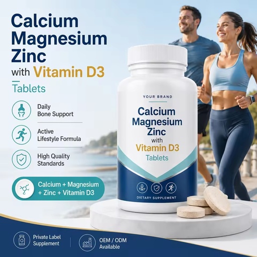 Private Label Calcium Magnesium Zinc Vitamin D3 Tablets | Ca 600-1000mg, Mg 200-400mg, Zn 10-15mg | Bone Health Supplement OEM