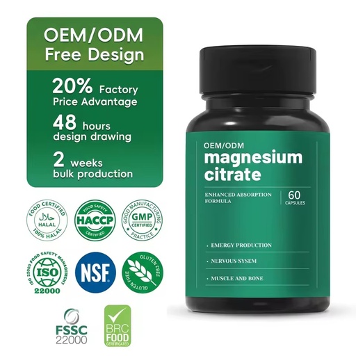 OEM/ODM Private Label Magnesium Citrate Capsules High Absorption Bioavailable Muscle Recovery Relaxation Sleep Support Vegan