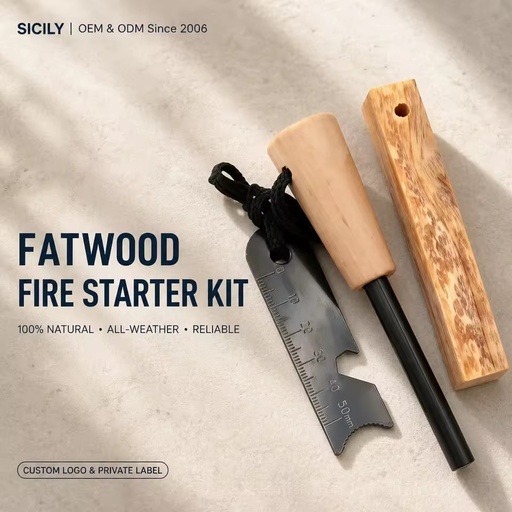 Natural Fatwood Fire Starter Kit Ferrocerium Rod Fire Steel with Wooden Handle for Camping Survival